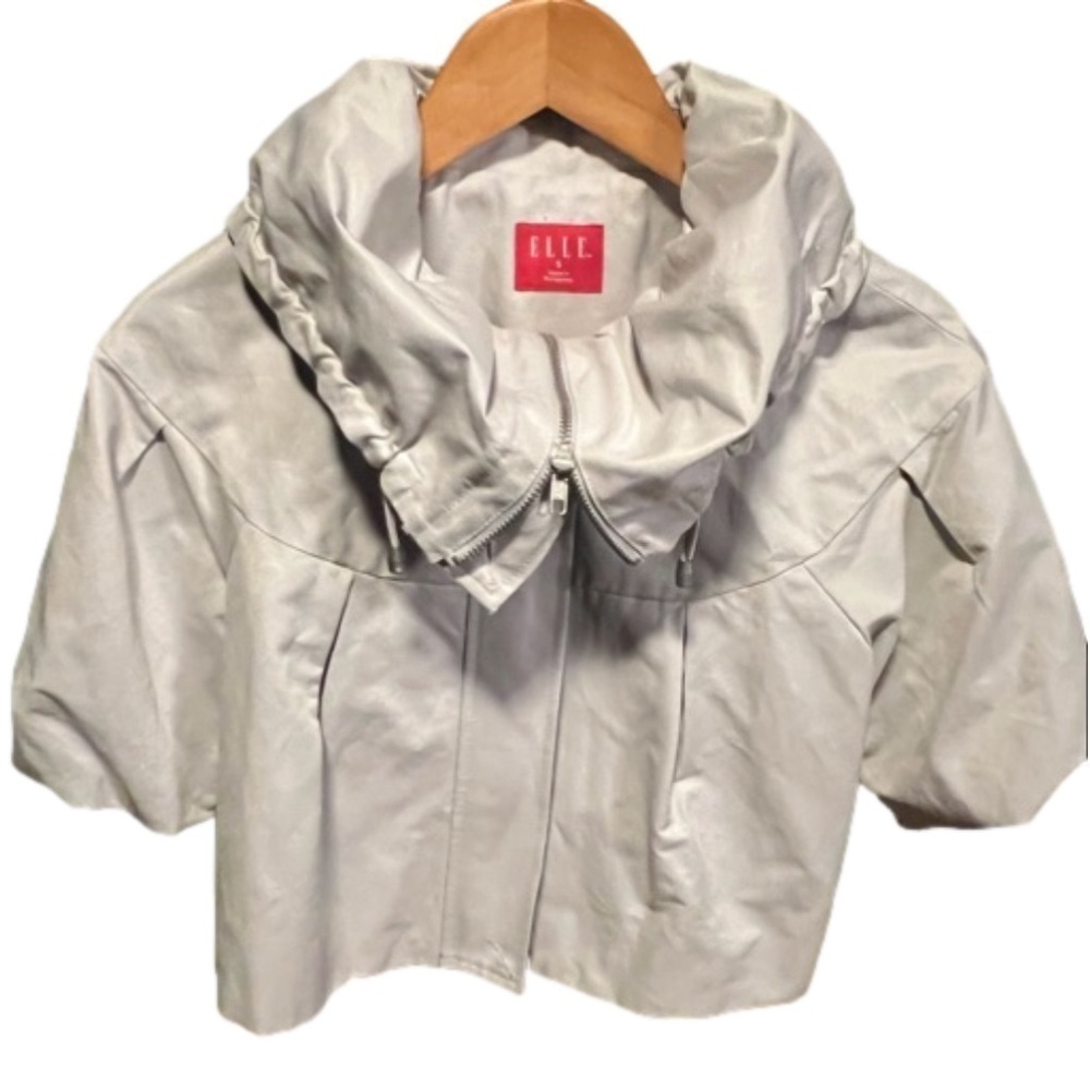 Elle Women's Cropped Gray Jacket Full Zip Bell Pleated Puffer Sleeves